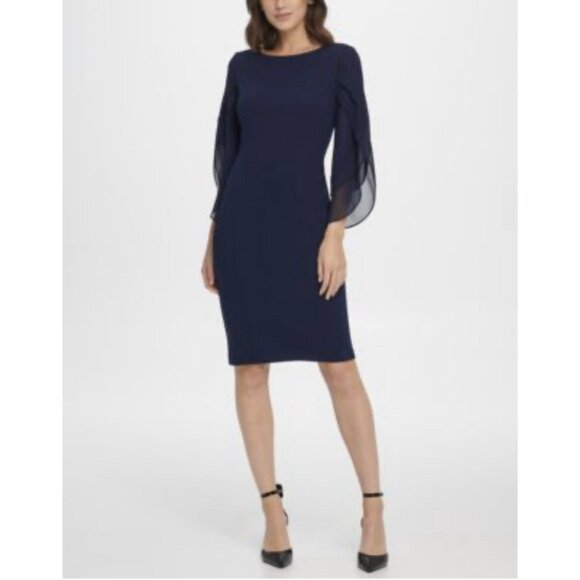 DKNY Dress 4 Small Navy Blue 3/4 Long Sleeve Flutter Stretch Career Church - Picture 1 of 9